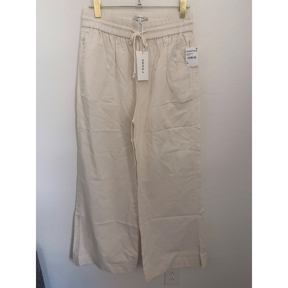 FRAME Women Cream Cotton & Linen Wide Leg Drawstring Pants Size M NEW Clean Girl